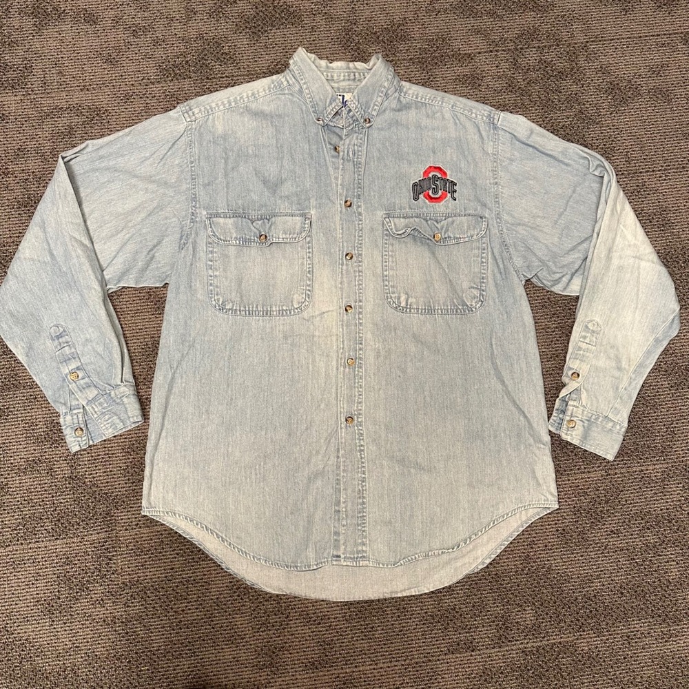 Vintage In The Zone Ohio State Buckeyes Denim Button Down Shirt Light Wash Large